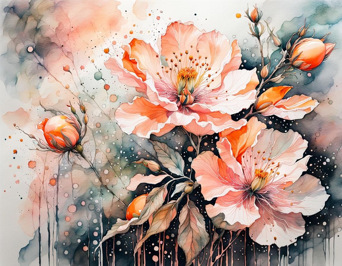 Peach Eclipse Flower Blossoms in Watercolor Ink Style