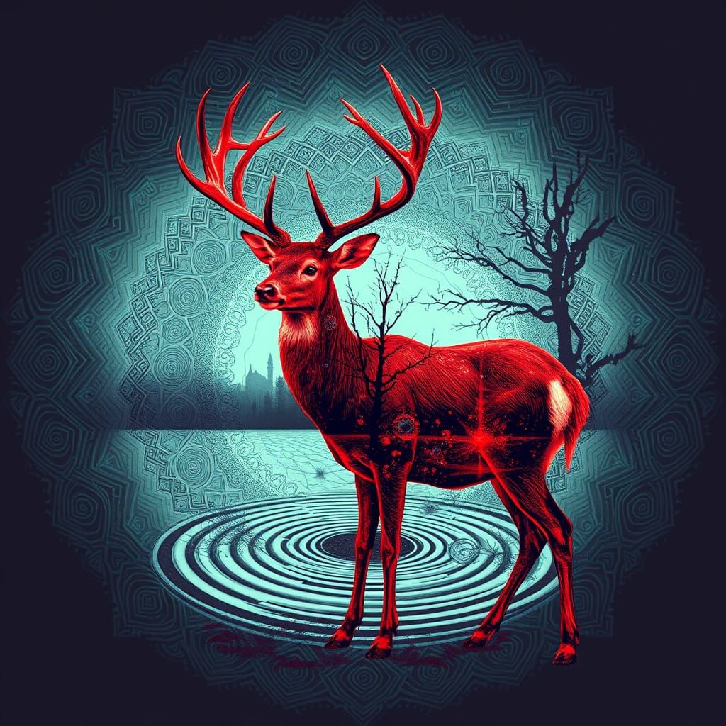 Cosmic Red Deer in Abstract Fractal Landscape