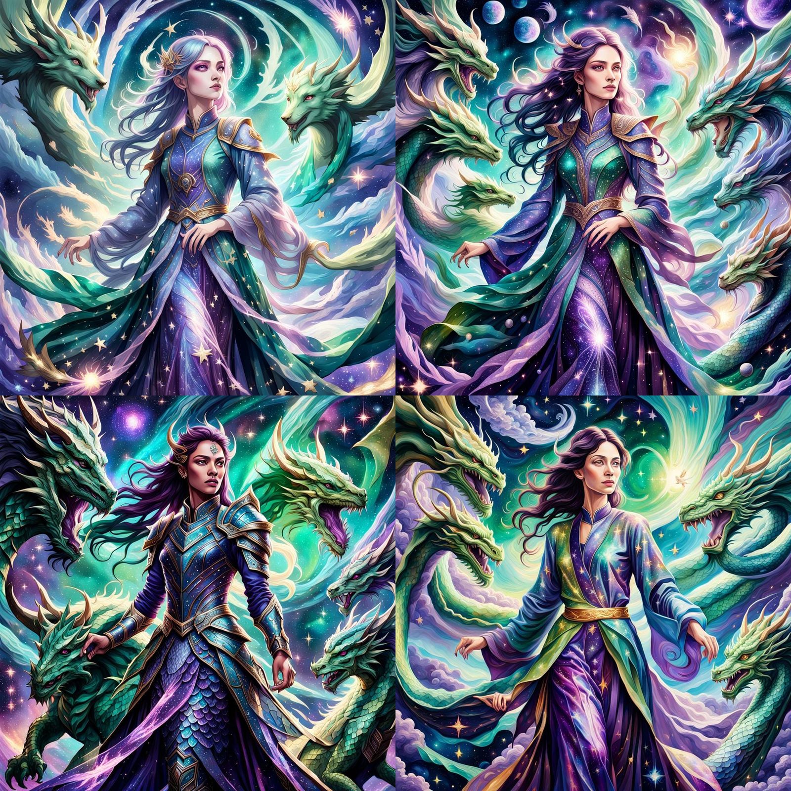 Fantastic Purple and Green Woman with Dragons