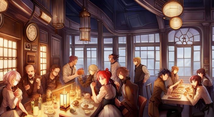 Steampunk Dinner Hall with Mad Scientists