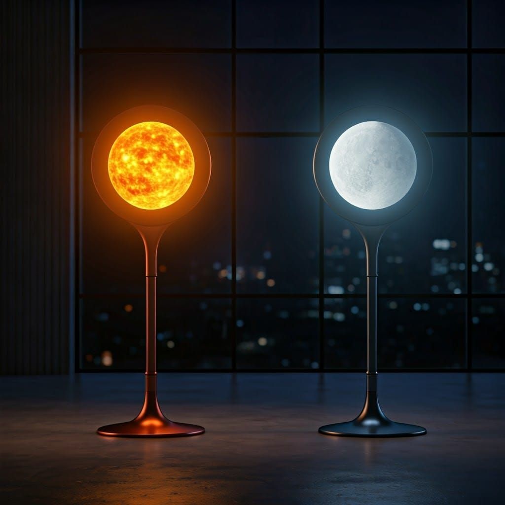 Futuristic Lamps: Sun and Moon in Minimalist Room