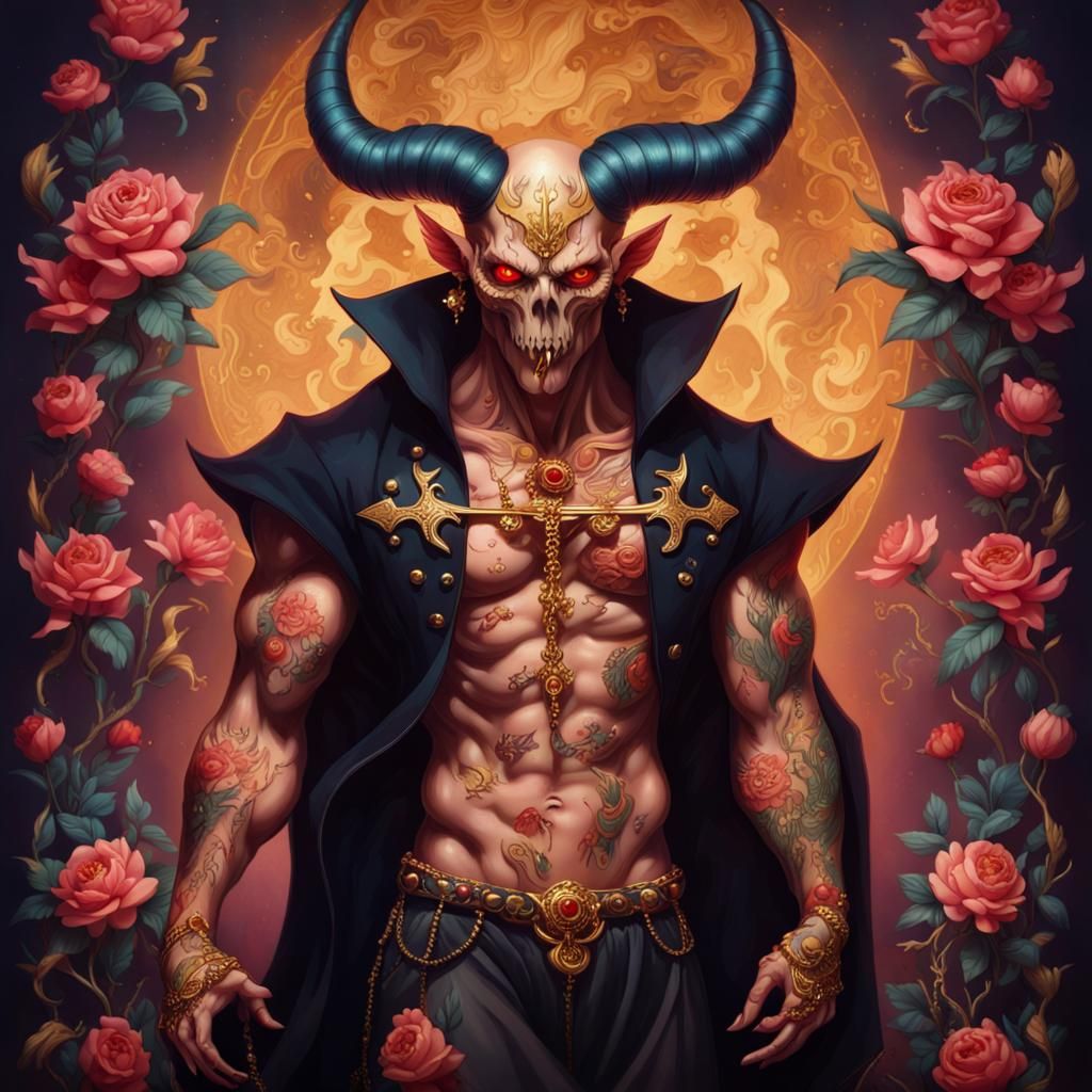 Dark Fabric Demon in High Heels with Gold Jewelry