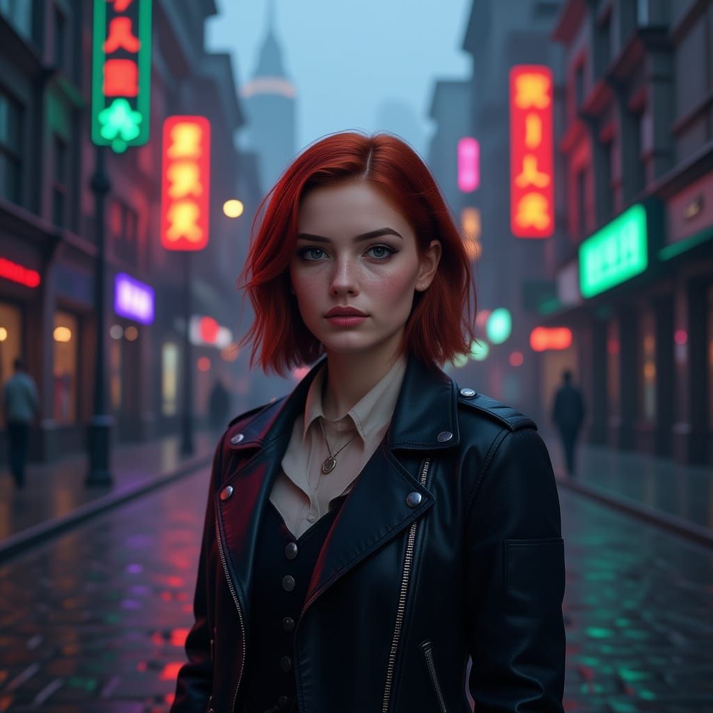 Woman on Rainy Cobblestone Street in Futuristic City