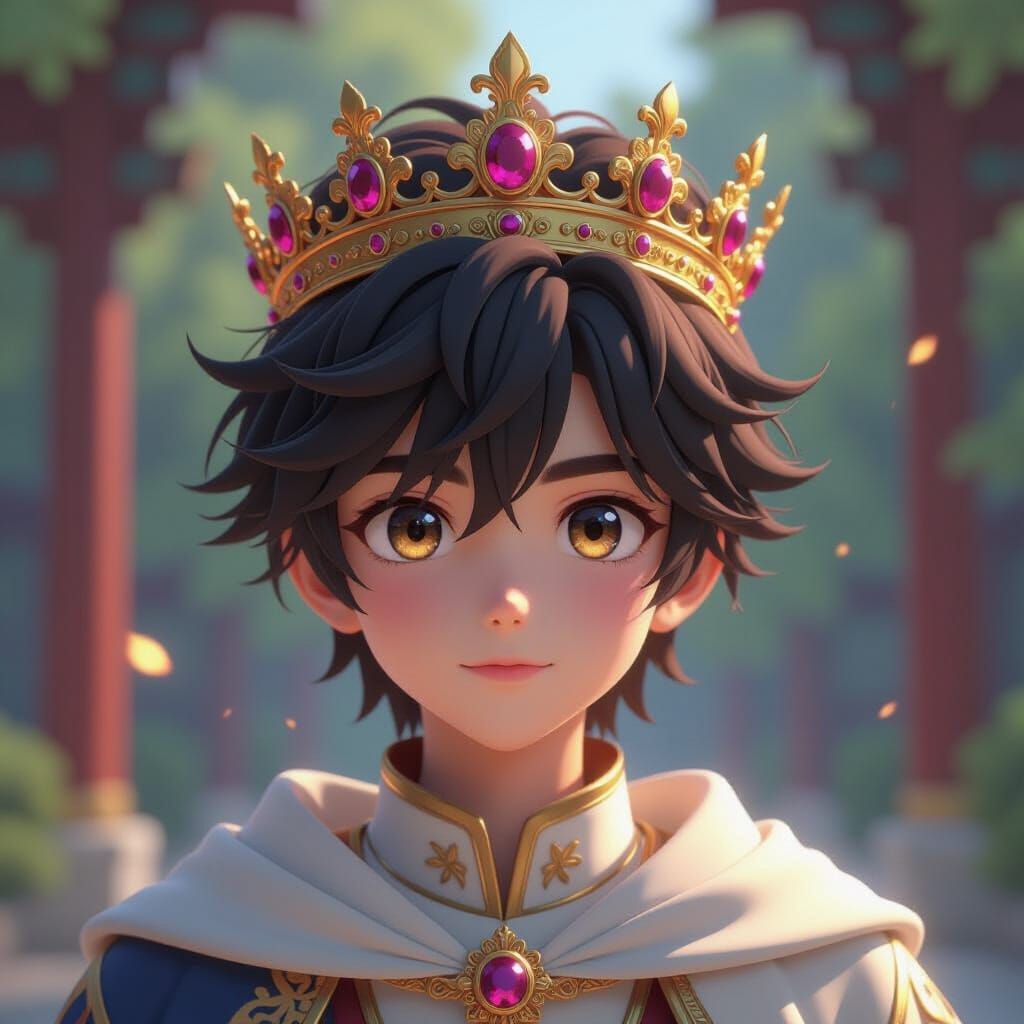 Adolescent King with Golden Crown in Abstract 3D Anime Style