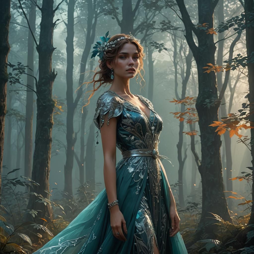 Elegant Woman in Misty Forest, Hyperdetailed Splash Art