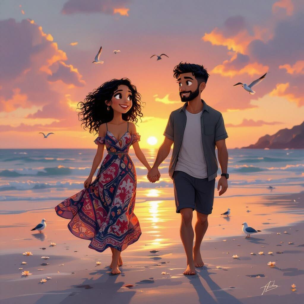 Romantic Sunset Beach Scene with Couple