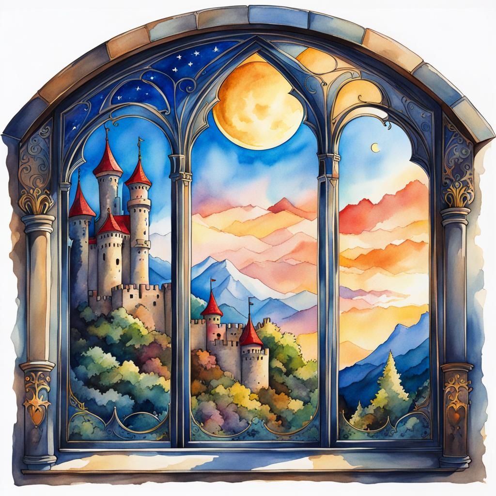 Fantasy Castle Window to Sun, Moon, and Stars in Anime Style
