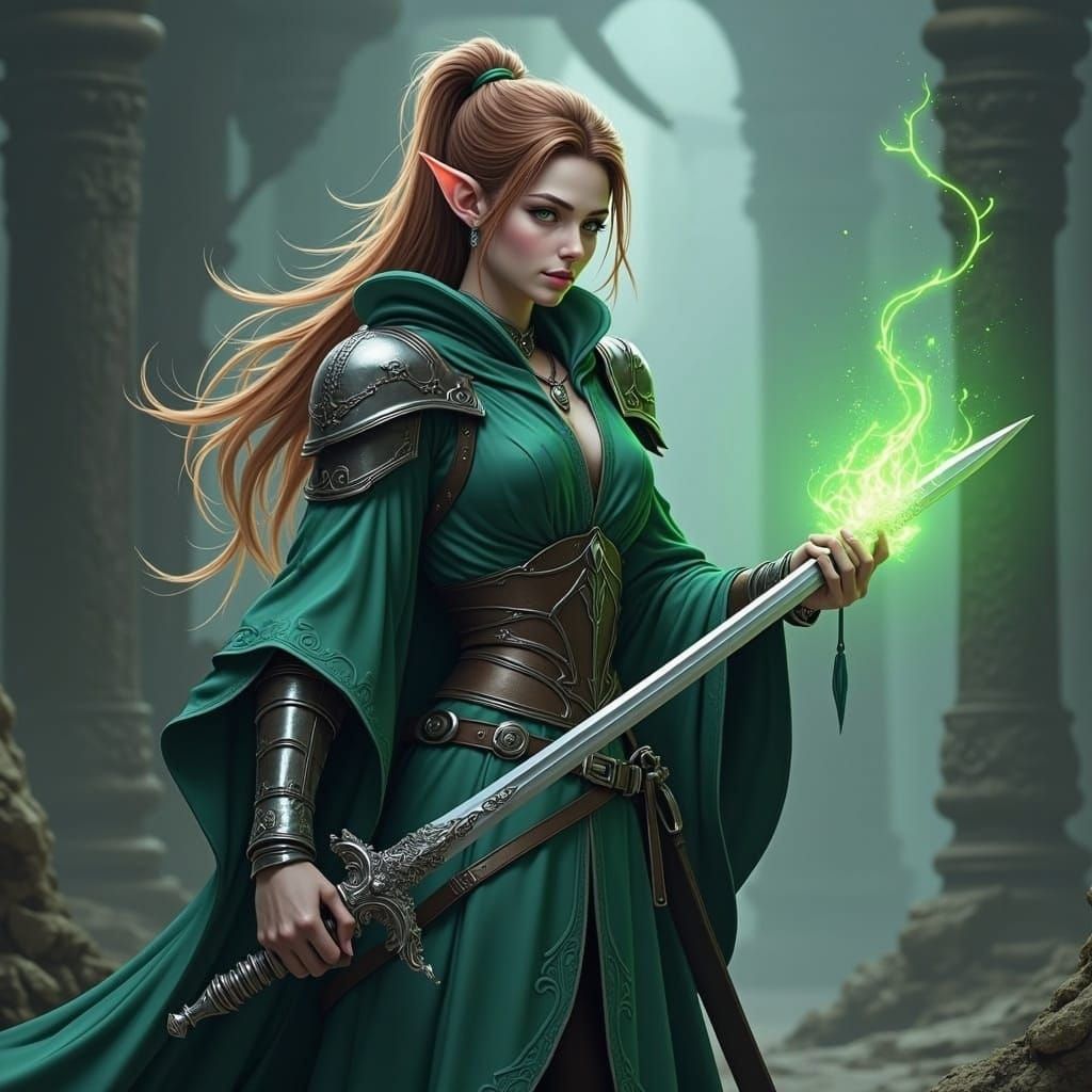 Joyful Fey Elf with Green Flame, Fantasy Art