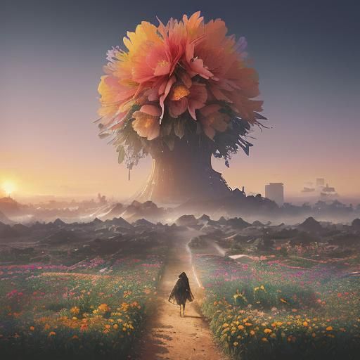 Pixelated Sunrise Over Apocalyptic Flower Garden