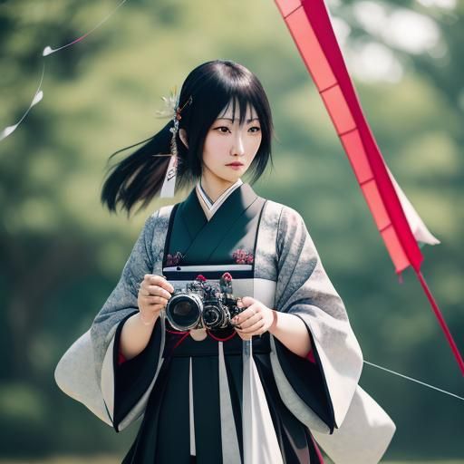 Japanese Gothic Girl Flying a Kite