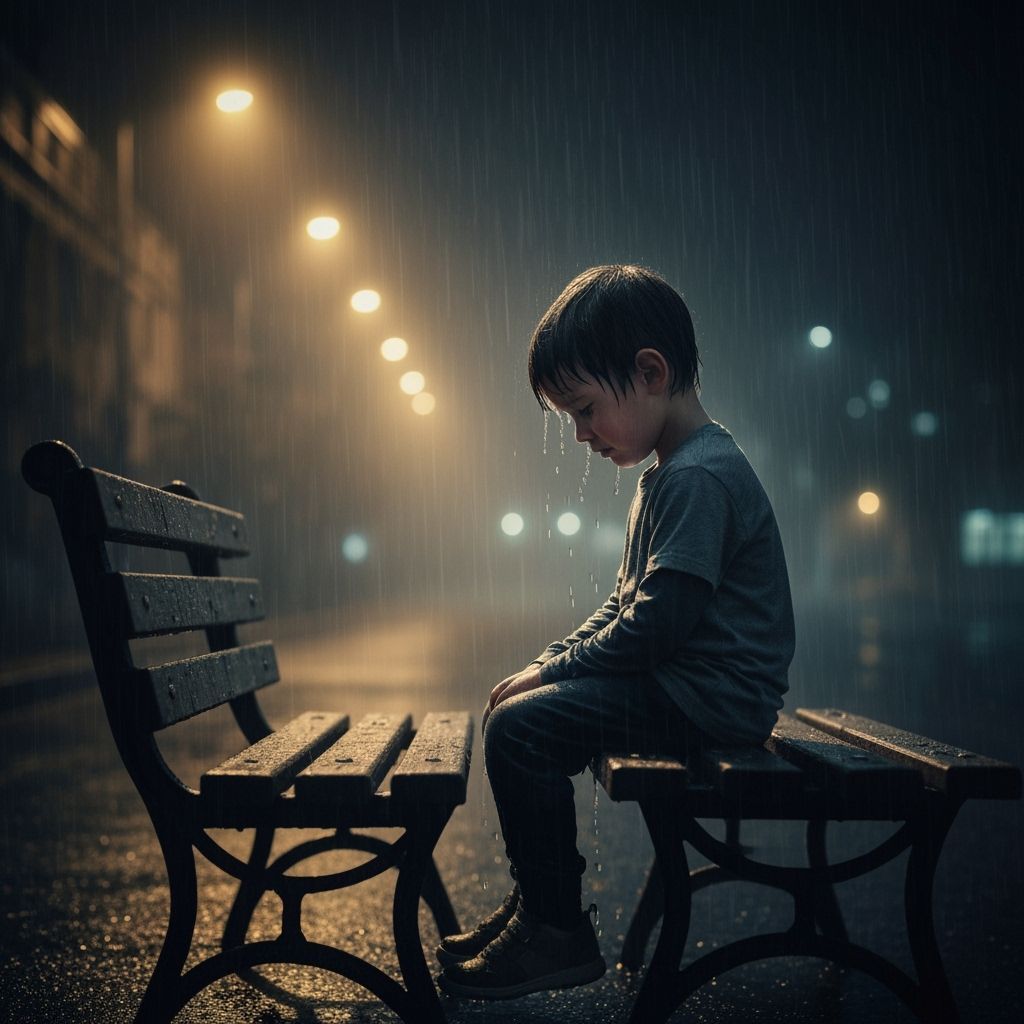 Sorrowful Child Alone on Bench in Rainy Night