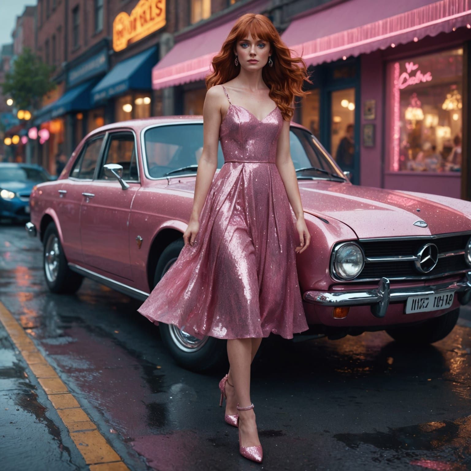 Woman in Pink Dress Walking to Car