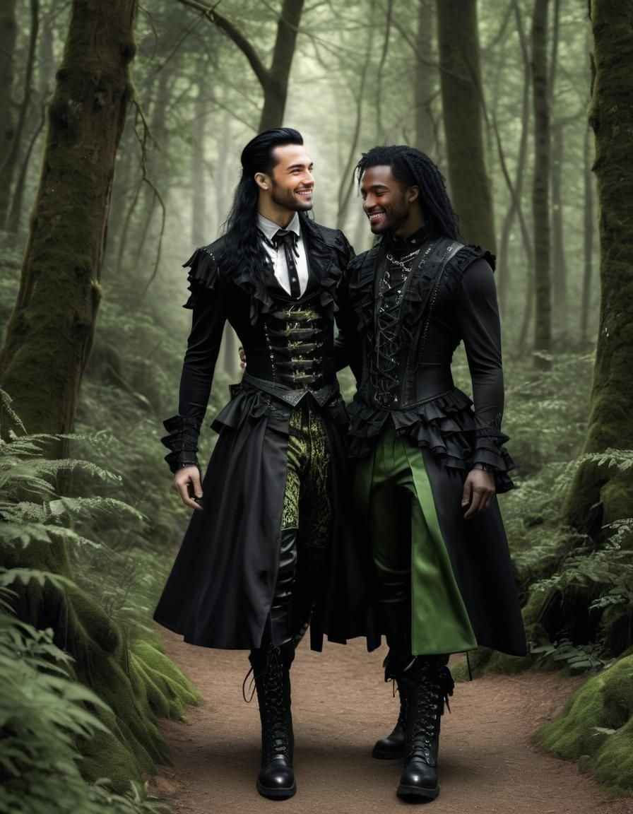 Gothic Men in Mossy Forest, Photorealistic Image