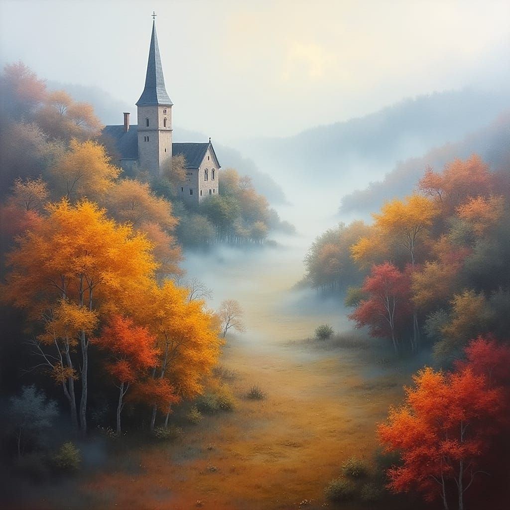 Autumn Valley Mist with Church Spire in Gouache Watercolor S...