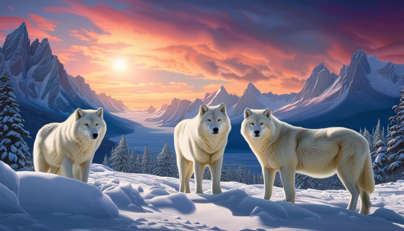 Wolves Hunting Under Northern Lights as Impasto Painting