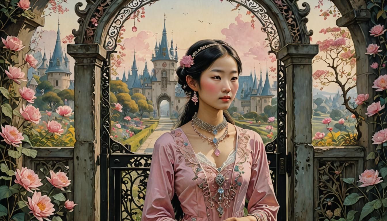 Enchanted Garden Gate with Elf Woman: Detailed Painting