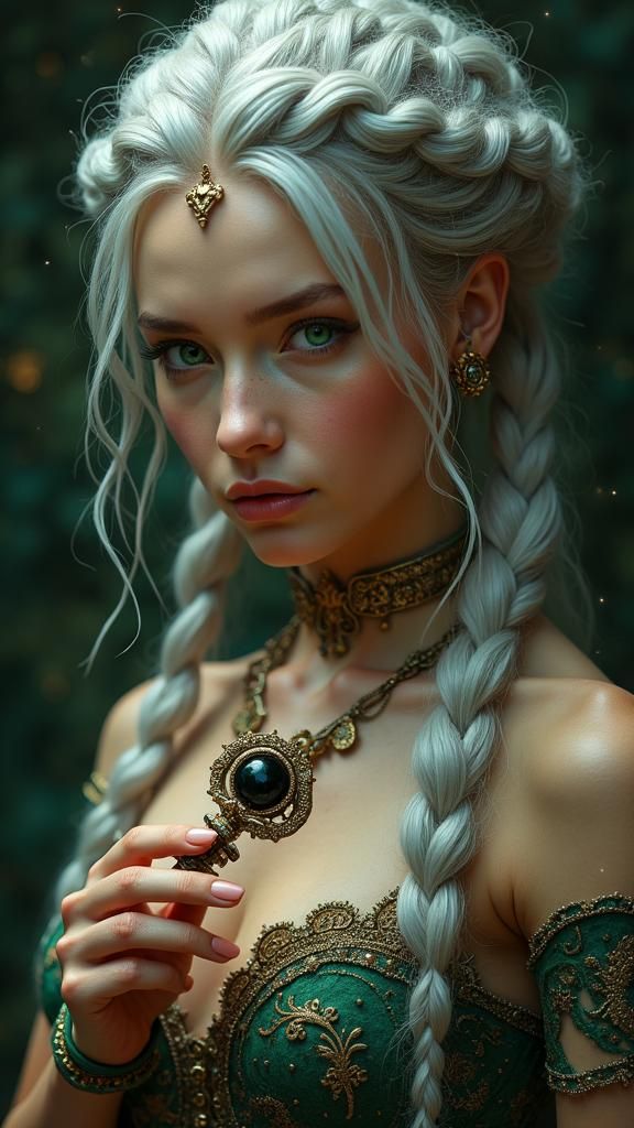 Mystical Woman Holding Onyx Key: Fantasy Portrait