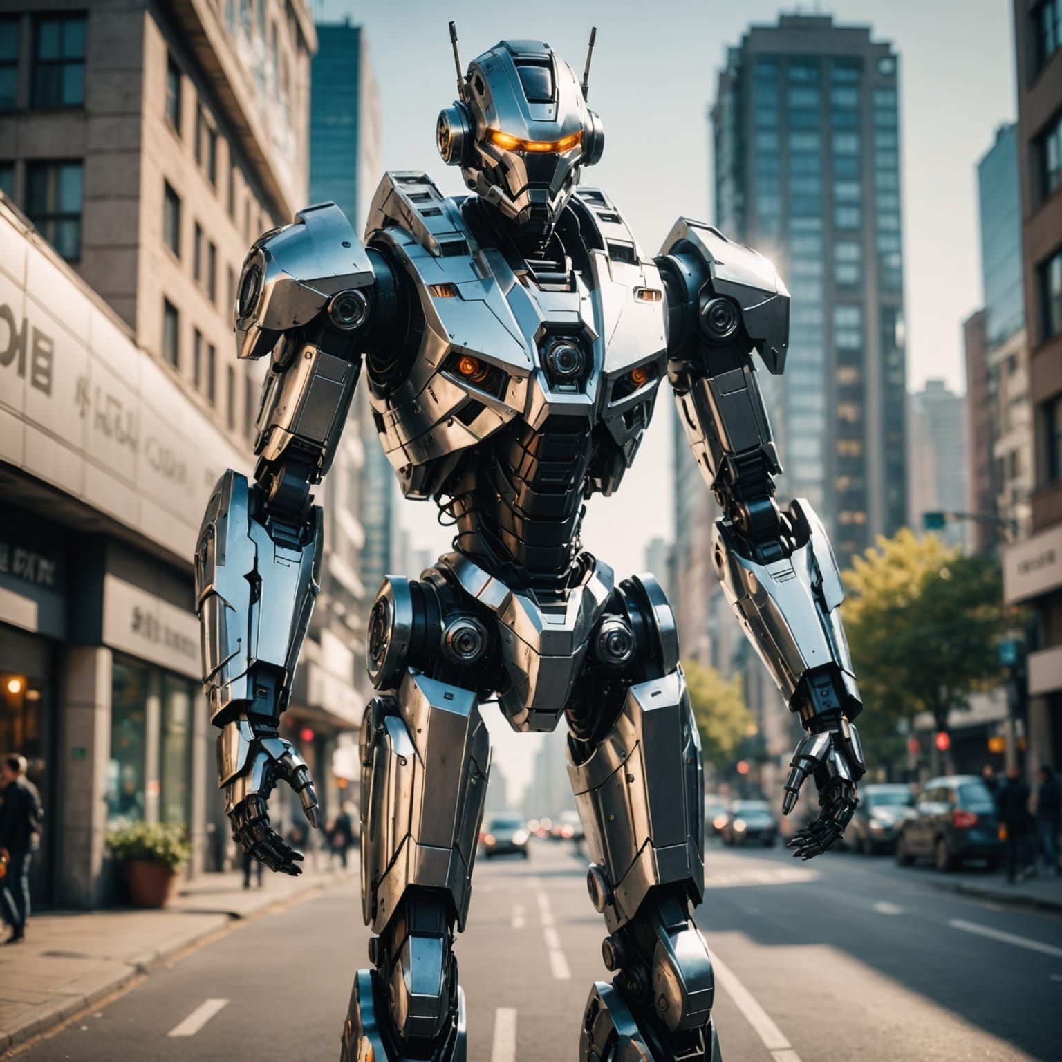 Mecha Droid Hovering in Cityscape, Anime Style