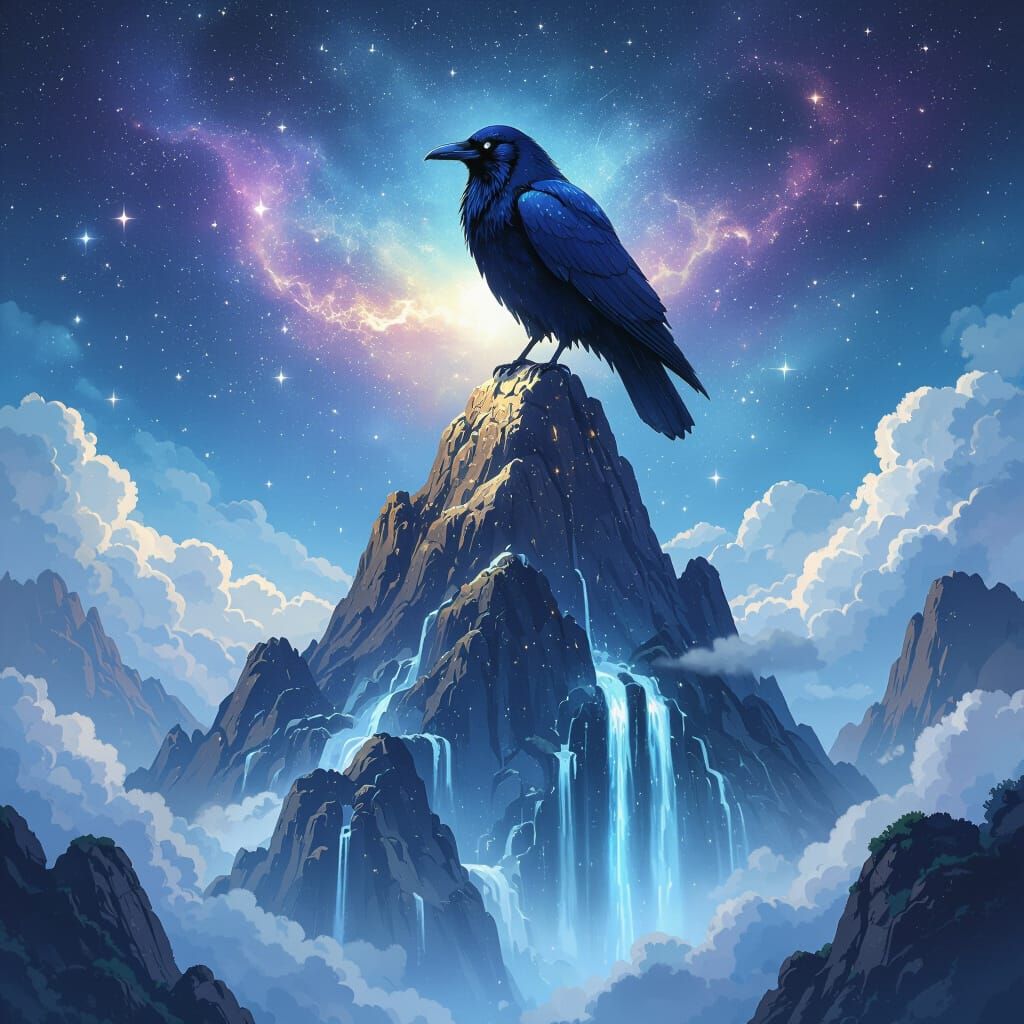 Celestial Raven on Floating Mountain in Anime Style