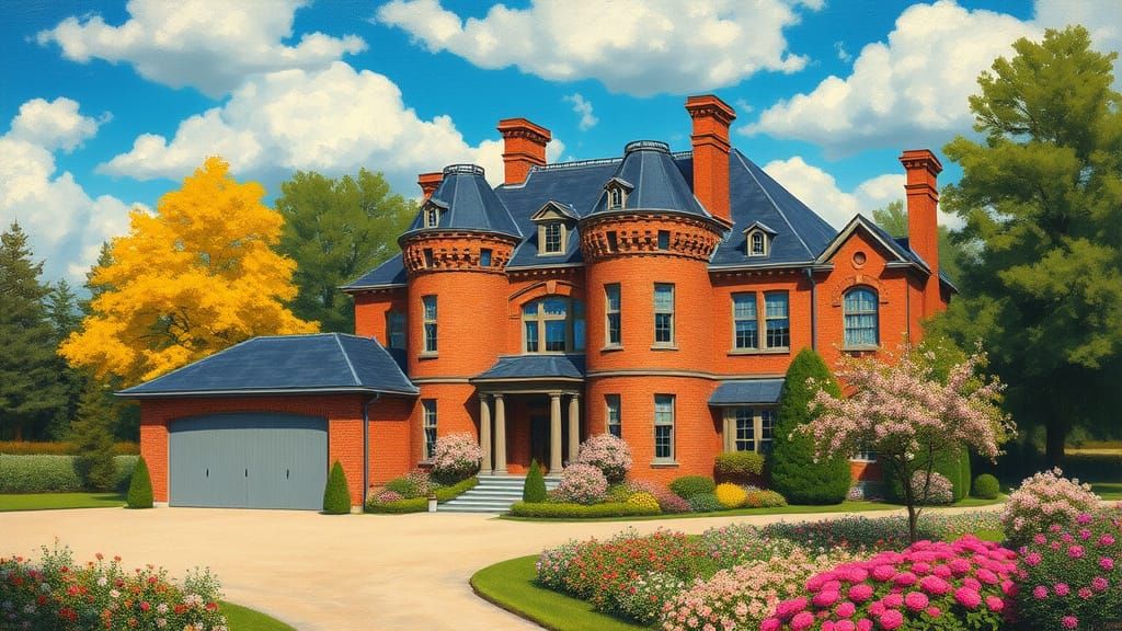 Elegant Brick Chateau Amidst Vibrant Trees and Flowers