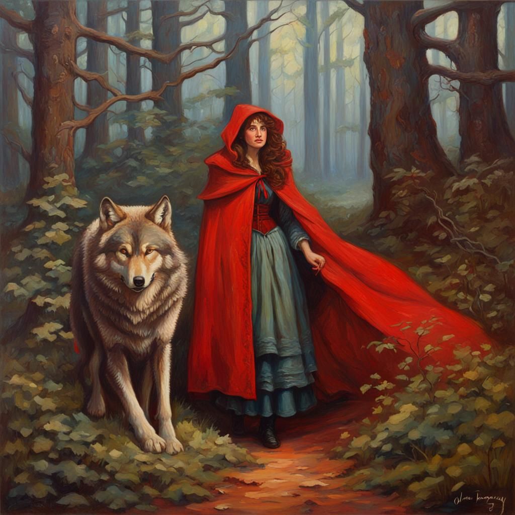 Red Riding Hood and Wolf in Oil Painting Style
