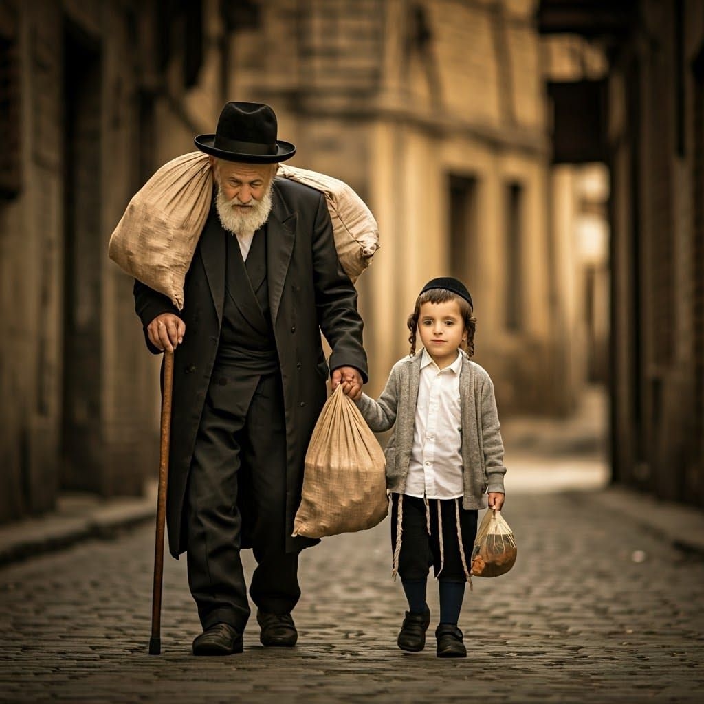 Orthodox Jewish Boy Assists Elderly Man with Grocery Bags