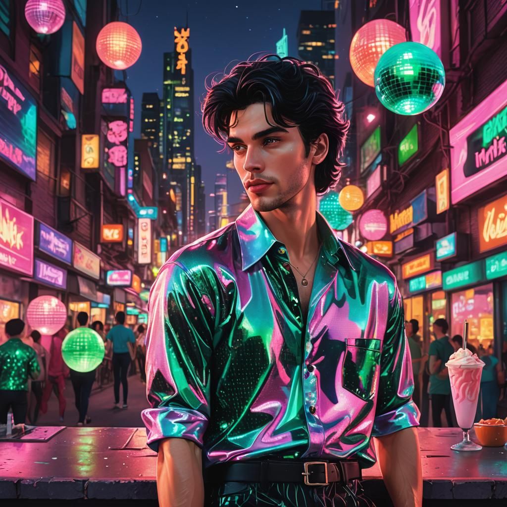 Handsome Man in Neon Cityscape: Digital Portrait