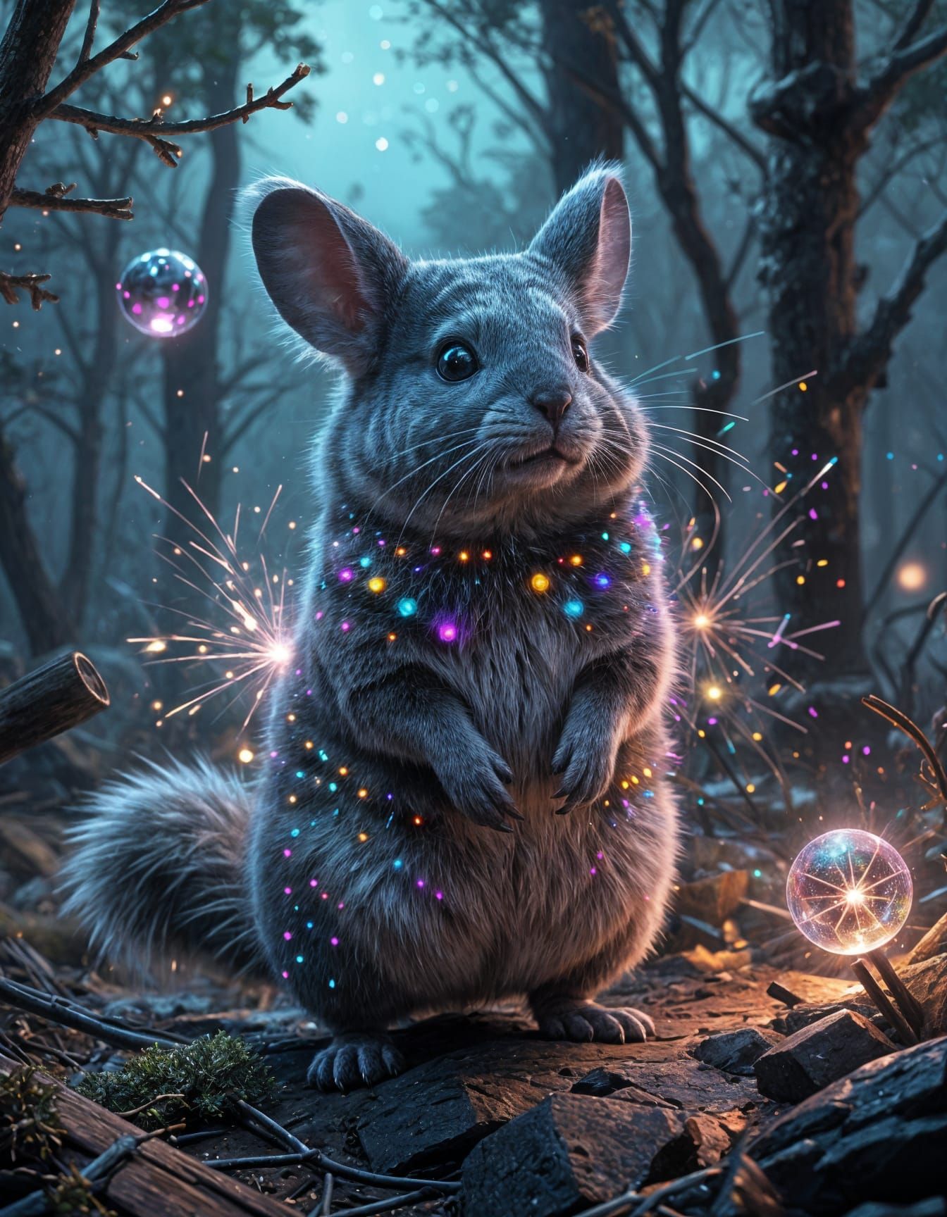 Mystical Chinchilla Dance in Neon Moonlit Clearing