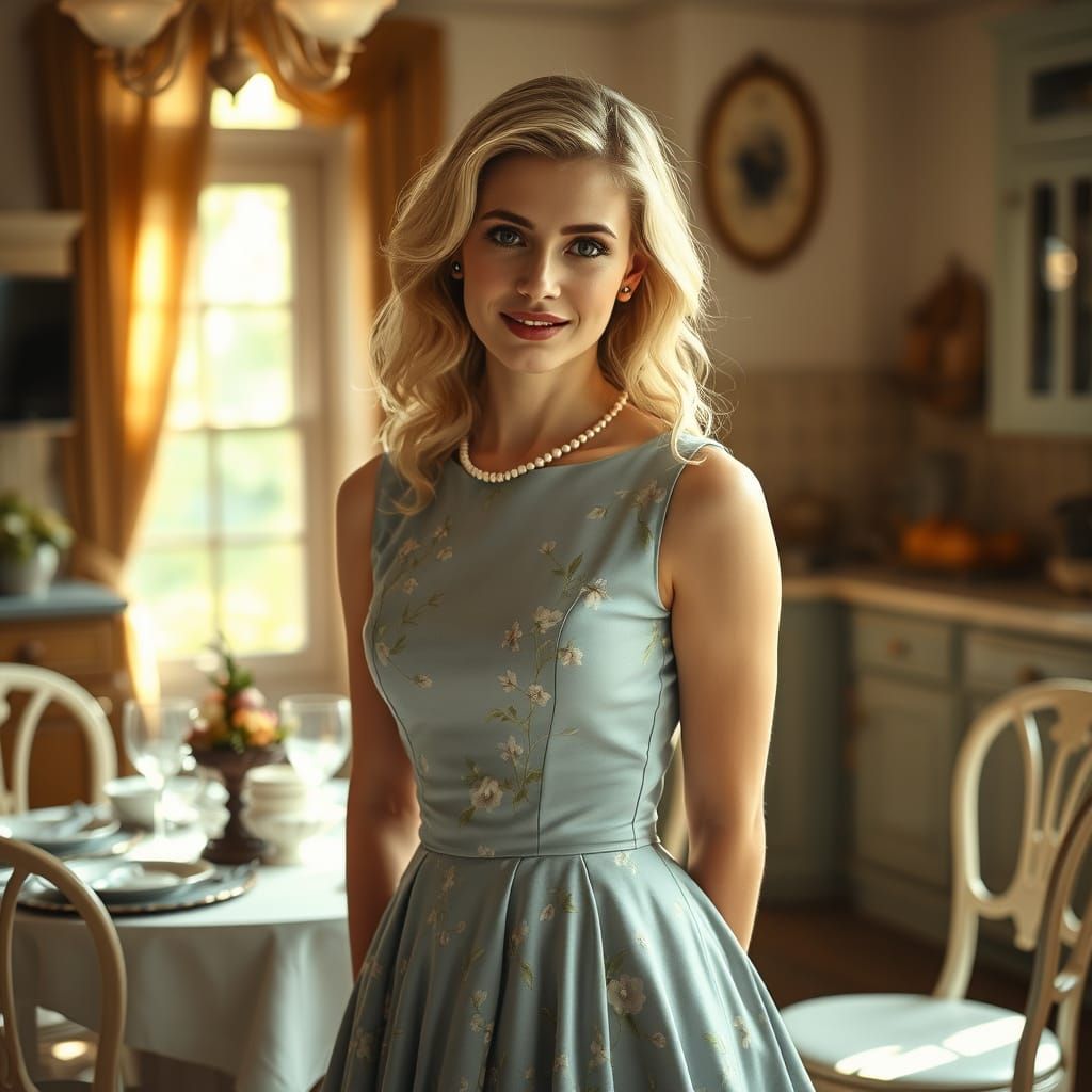 Elegant Woman in 1950s Kitchen Setting