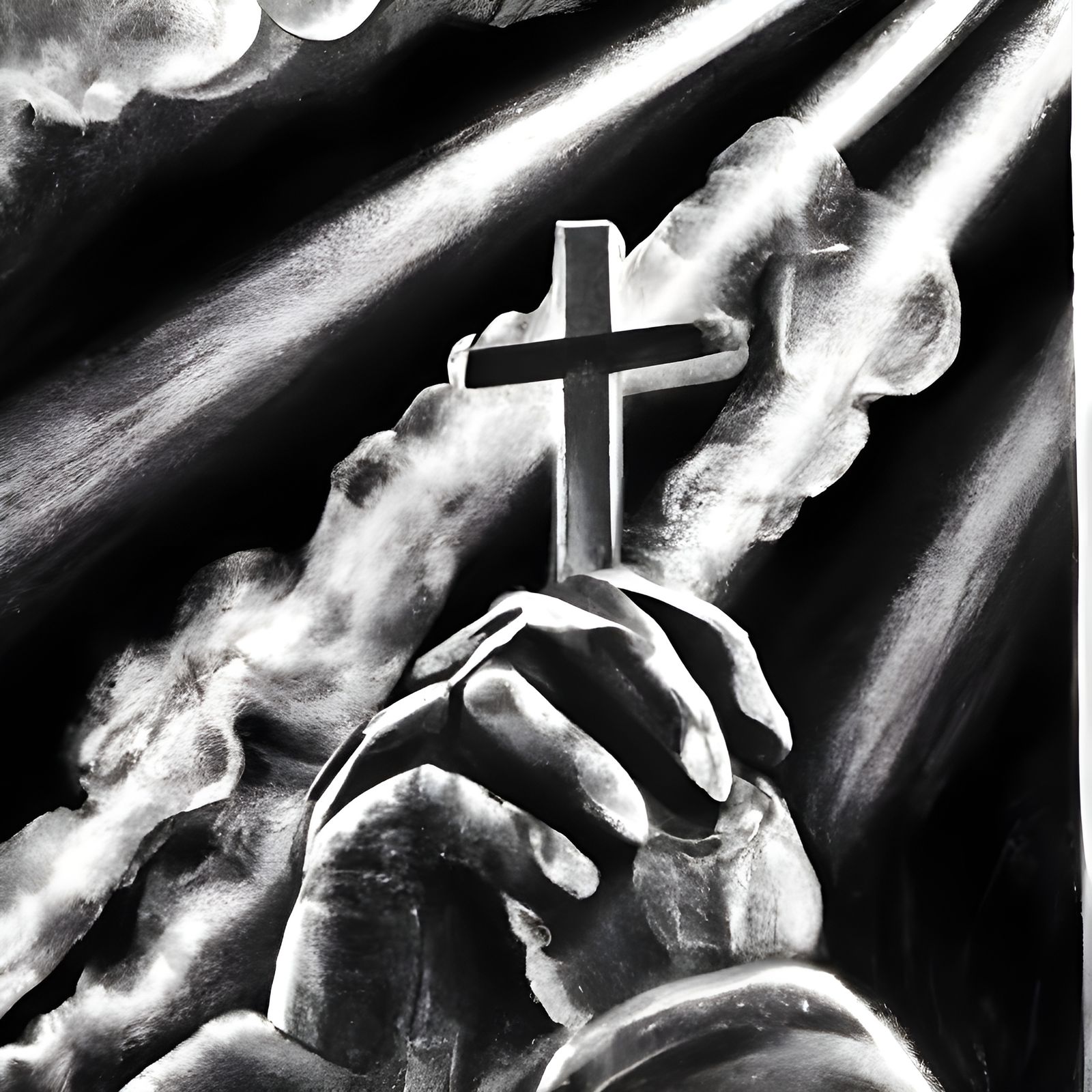 Praying Hands in Light Rays: Charcoal Drawing