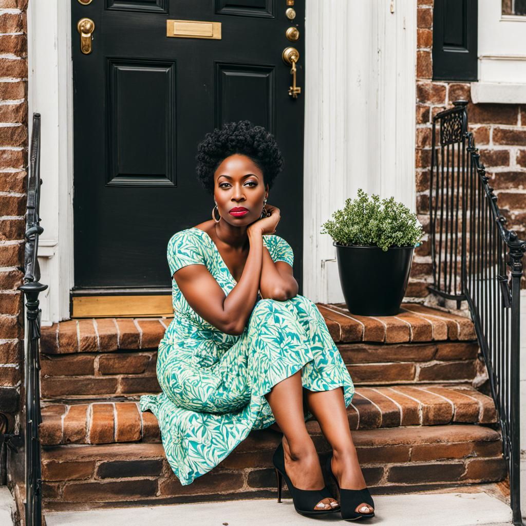 Woman on Stoop in Watercolor Style