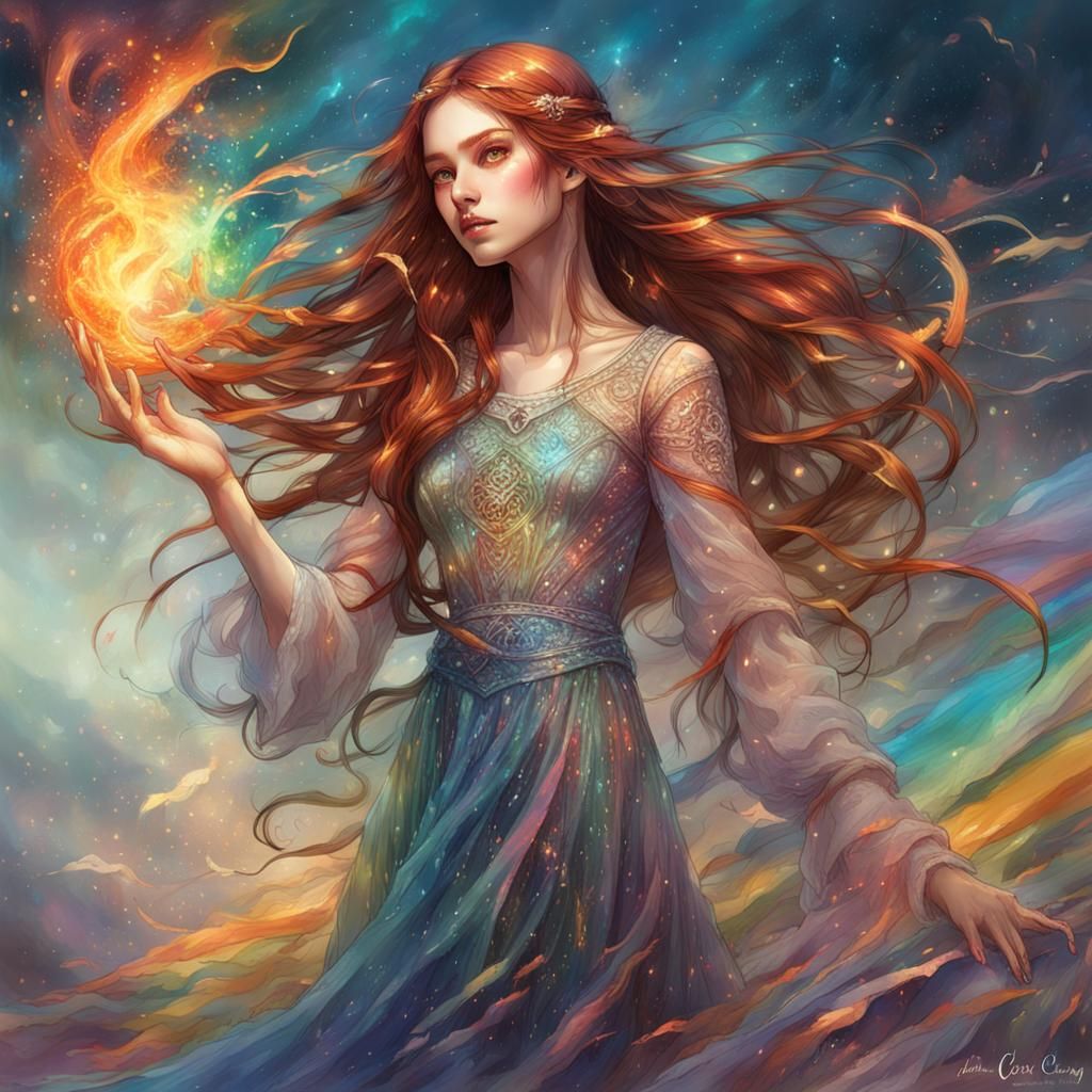 Enchanting Sorceress with Rainbow Flame, Digital Art