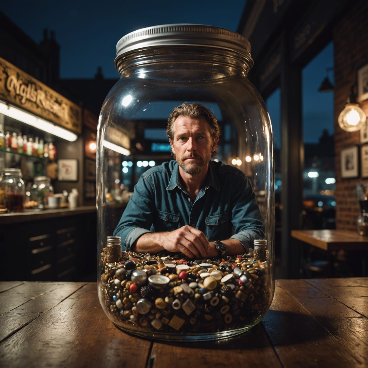 Hyperrealistic Man Hiding in a Jar
