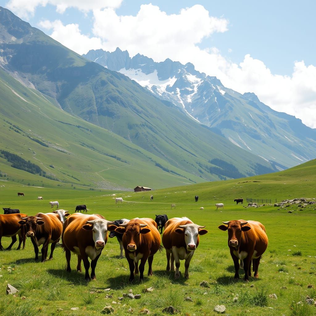 Herd of Cows Grazing in Green Valley Below Mountain Peaks