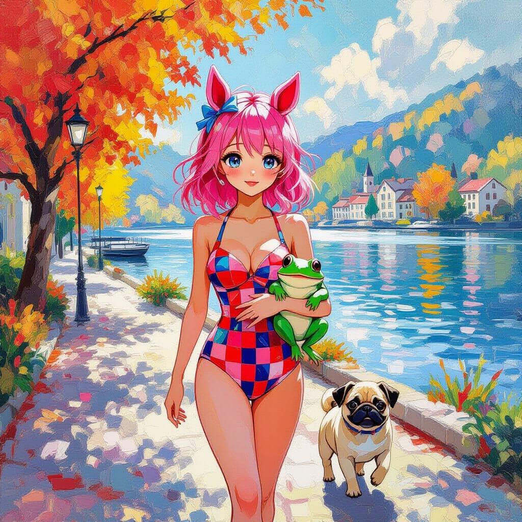 Anime Girl with Horse Ears and Pug Puppy in Monet-Inspired O...