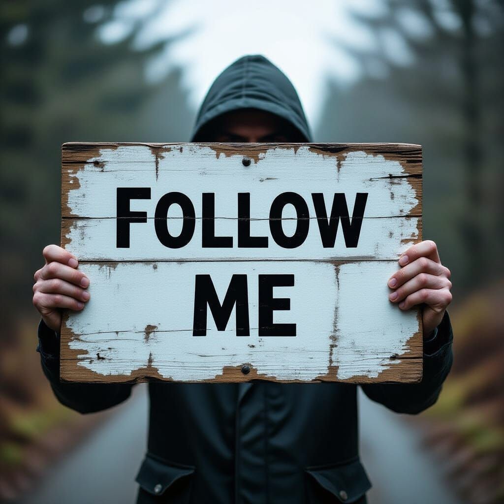 Enigmatic Figure Holds "Follow Me" Sign in Moody Lighting