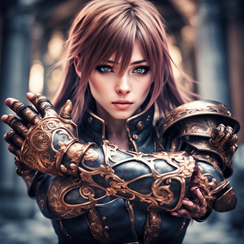 Anime Girl with Gauntlets: Hyperrealistic Digital Art
