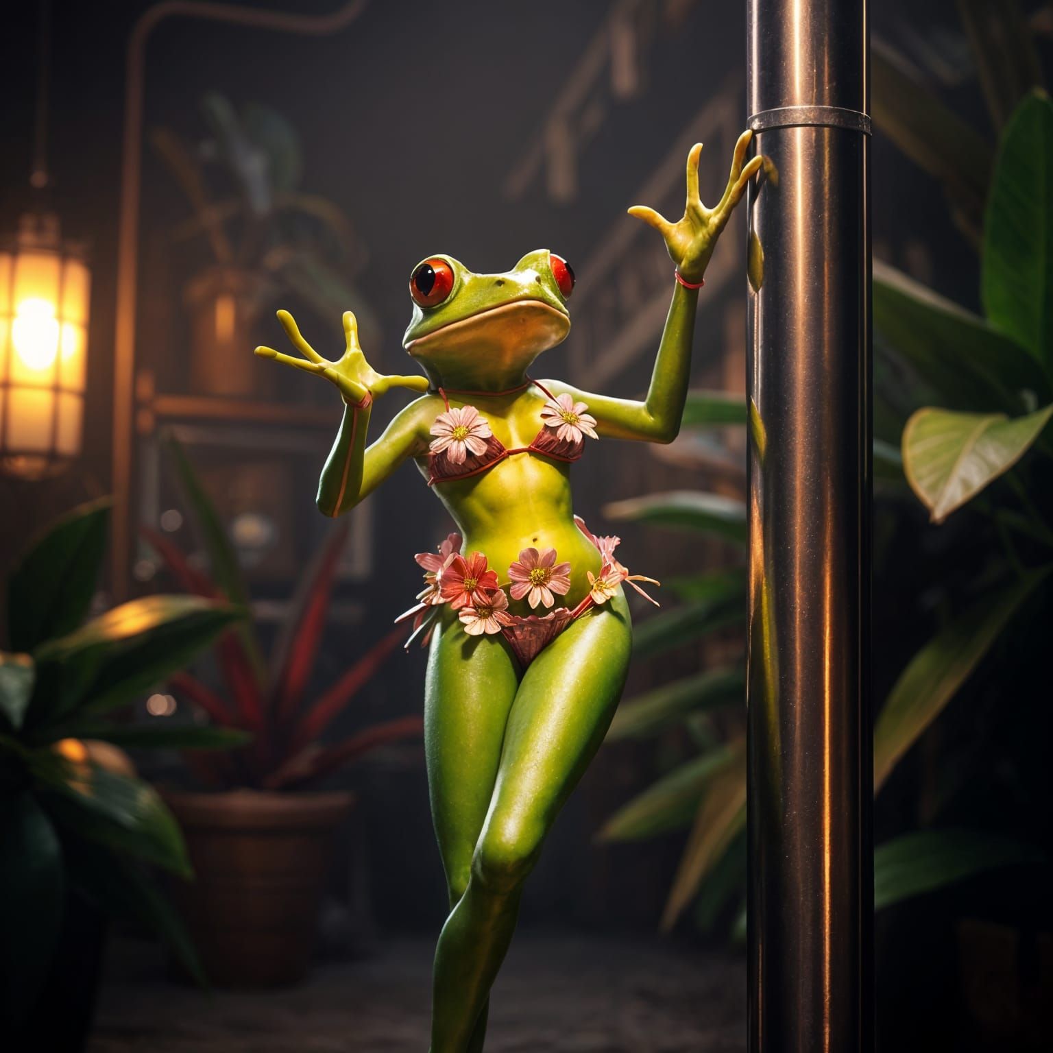 Green Frog Lady Dancing by a Metal Pole