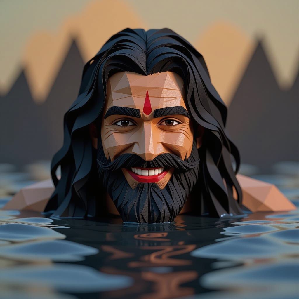 Origami Man Bathes in Black Mud, Smiling