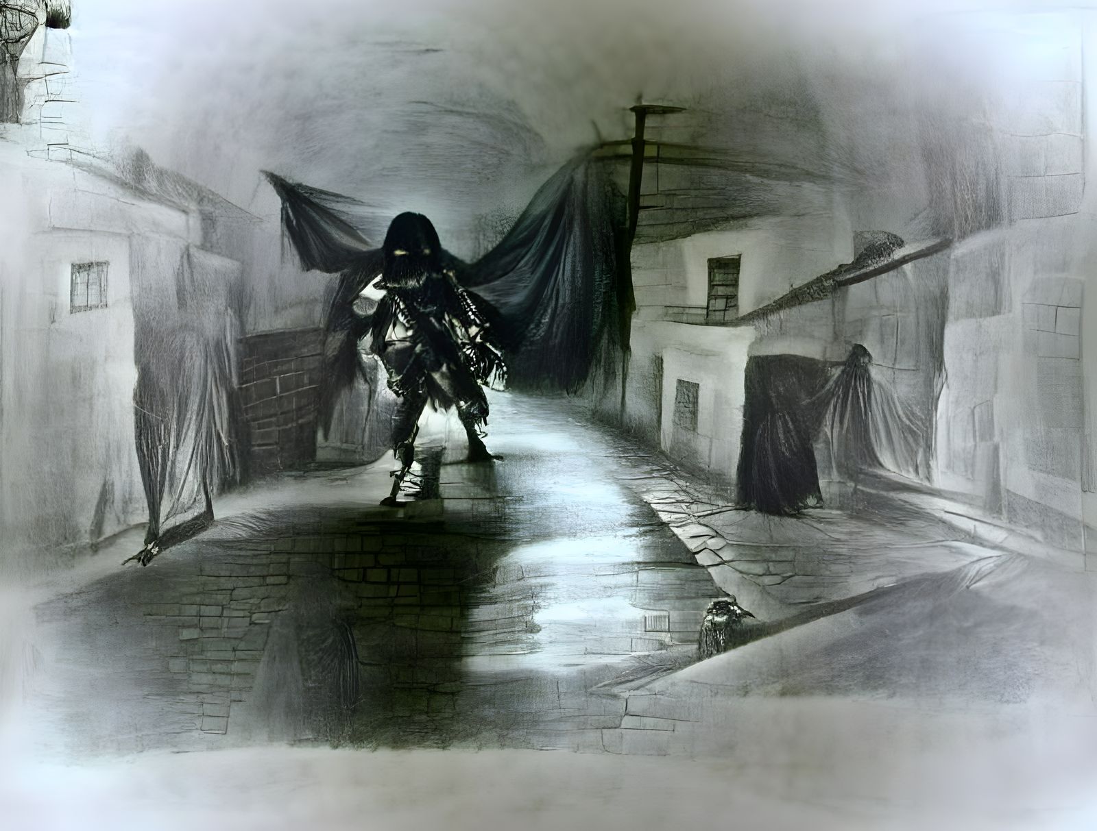 Ethereal Dark Alleyway: Charcoal Drawing in Goya Style