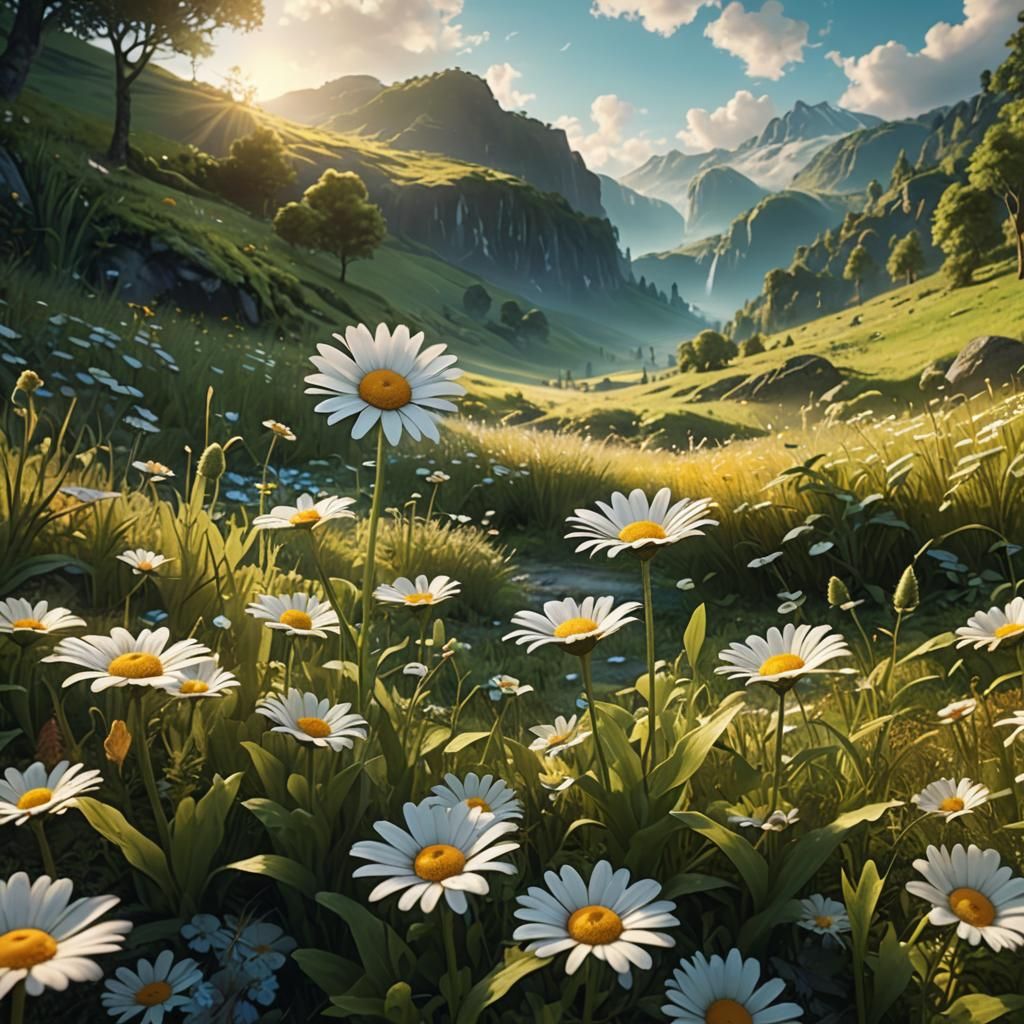 Daisy Blooms in Lush Valley: Fantasy Concept Art