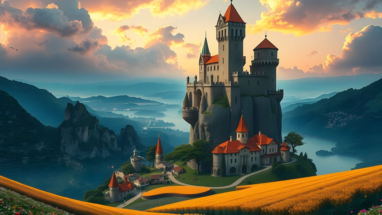 Floating Rock Castle in Vibrant Fantasy Landscape