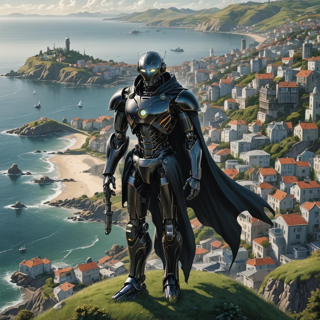 Robot Overlooking Coastal City in Airbrush Style