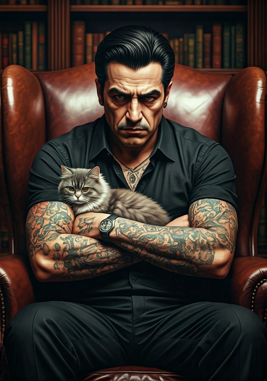 Mafia Hitman Portrait with Cat, Detailed Art