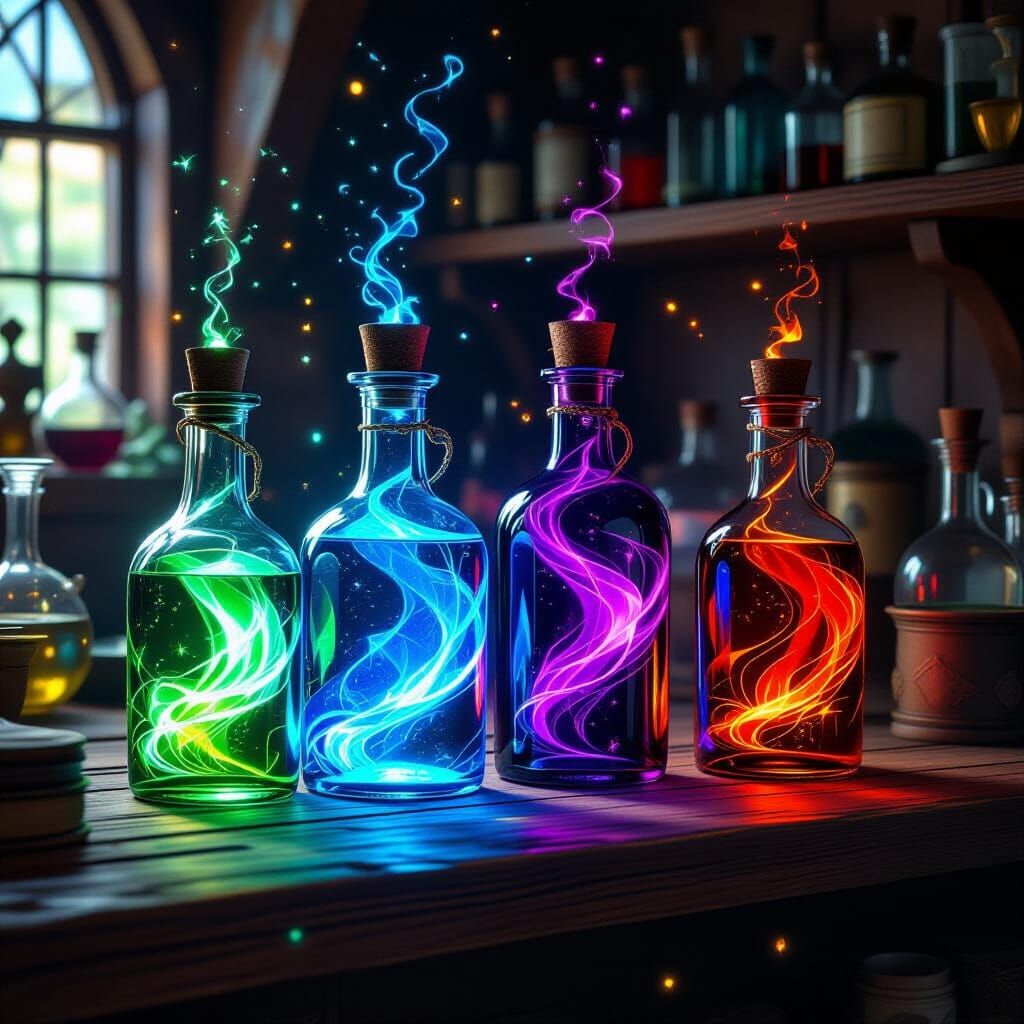 Enchanting Alchemist Workshop with Glowing Potions
