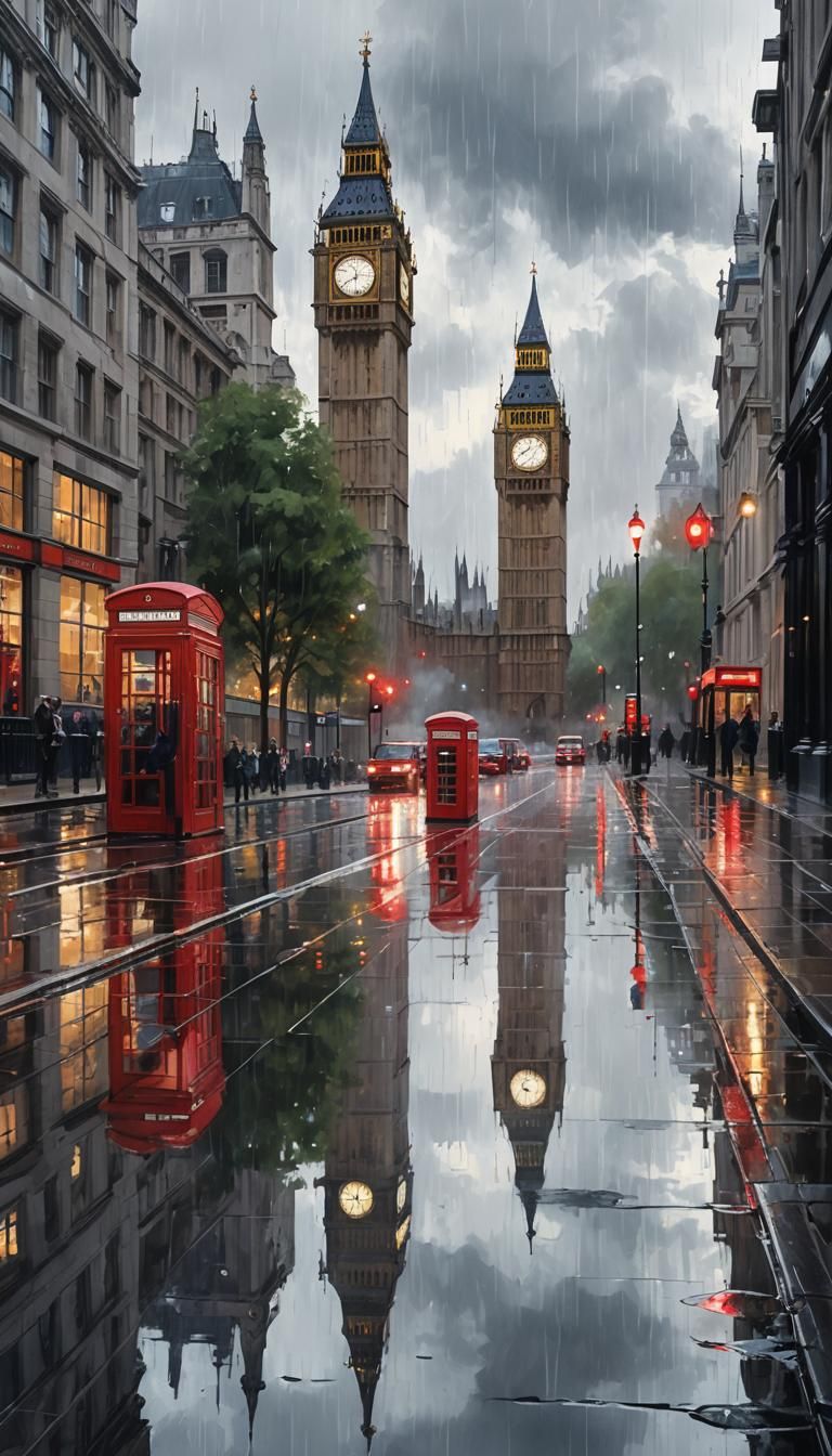 Artistic representation of a cityscape, London. Dominating the scene is the iconic Big Ben clock tower, standing tall an...