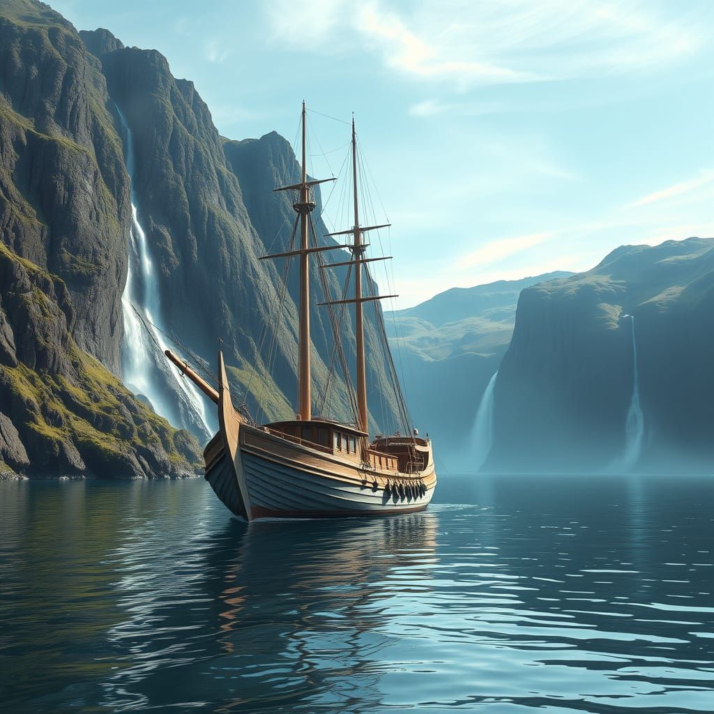 Viking Knorr Sails Through Icelandic Fjord in Hyper-Realisti...
