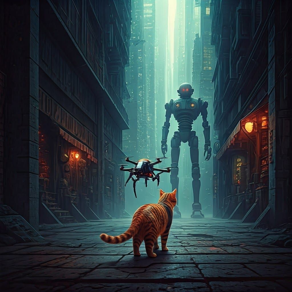 Comic art. A stray cat who gets lost in a world populated by...