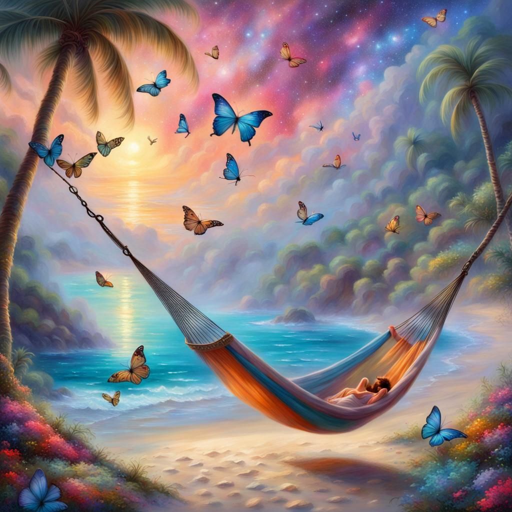 Colorful Beach Merges into Galaxy with Butterflies