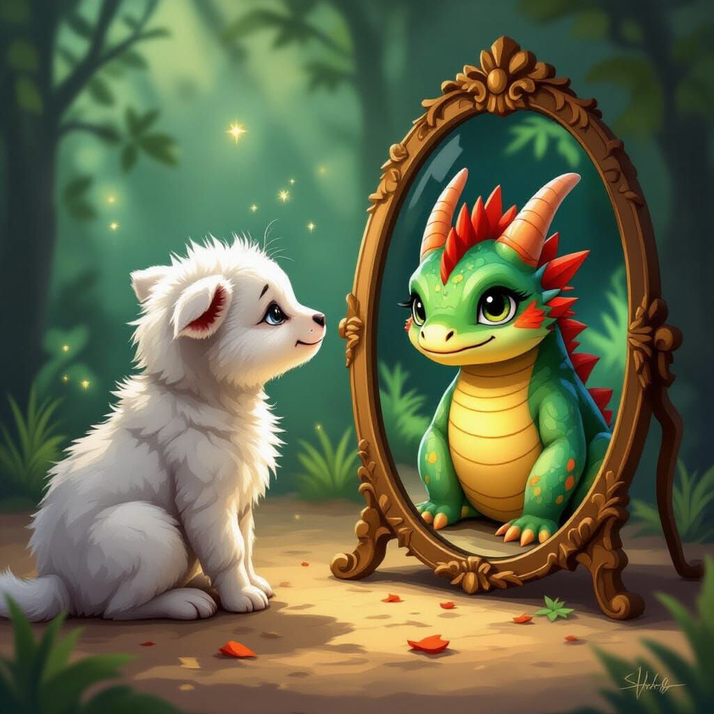 Lion Sees Innocent Baby Dragon Reflection